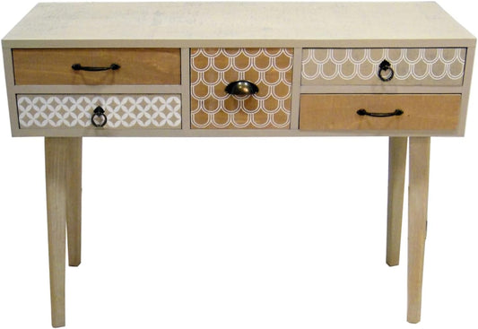 DRW Entree tafel met 5 laden van natuurlijk hout, 110 x 35 x 80 cm