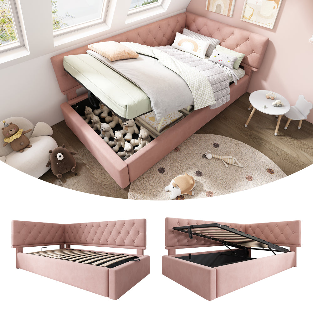 Slaapbank – Bedbank – Logeerbed – Zitslaapbank – Slaapstoel – Moderne Gestoffeerde Slaapbank – Hydraulische Opbergruimte – Stevig Metalen Frame – 90x190 cm – Roze