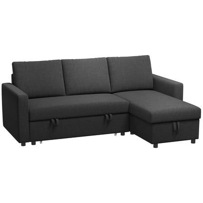 Hoekbankbed – Slaapbank – Bedbank – Loungesofa – Hoekbank – Omkeerbare Chaise Longue – Opbergruimte – Zwart Linnenstof