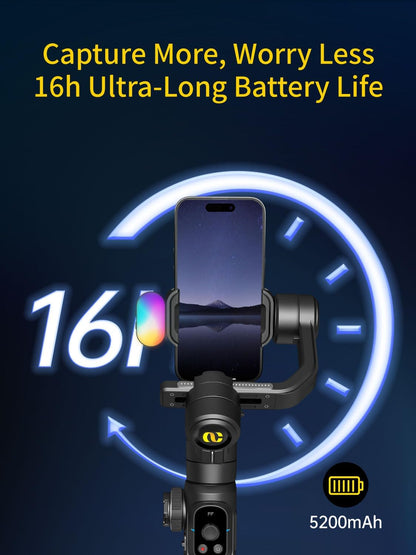 AOCHUAN Gimbal Stabilizer Voor Smartphone Met 8 Inch Verlengstang, 3-Assige Stabilizer Met RGB Magnetisch Vullicht Voor Video-Opname, Compatibel Met iPhone/Android