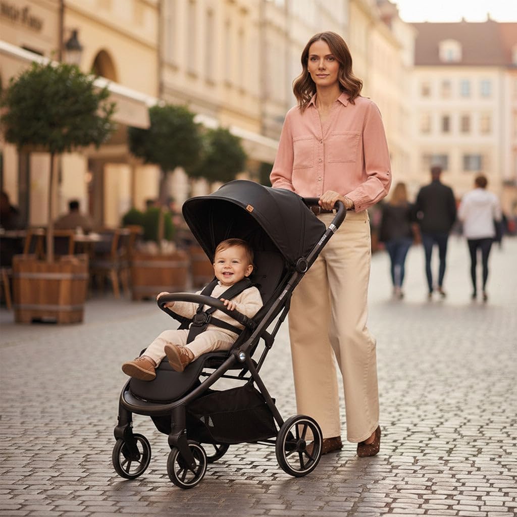 Asalvo Kibu Kinderwagen, comfortabel, ultralicht, veilig, kap met raam en rem, handig, compact inklapbaar, maximale belasting 24 kg, zwart