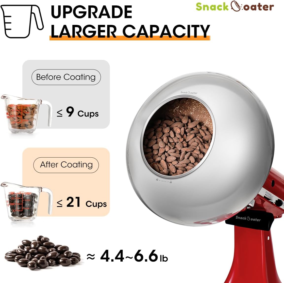 Aieve Snack Coater Compatible with KitchenAid Tilt-Head Stand Mixer for Making Chocolate Covered Almonds, Pistachio, Peanut, Freeze Dried Strawberry, Raisin, Macadamia Nuts and Blueberry