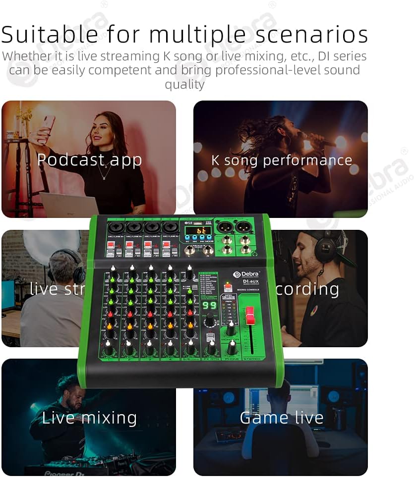 D Debra 6-Kanaals DJ Mixer, 99 DSP Effecten, USB/MP3 Ingang, 48V Fantoomvoeding, Ideaal voor DJ, Karaoke, Thuisstudio