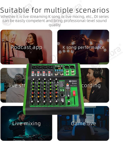 D Debra 6-Kanaals DJ Mixer, 99 DSP Effecten, USB/MP3 Ingang, 48V Fantoomvoeding, Ideaal voor DJ, Karaoke, Thuisstudio
