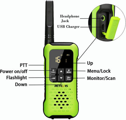 Retevis RT649P Walkie Talkie Oplaadbaar, Ip67 Waterproof Float, PMR 446 Licentievrij 16 Kanalen, Led Zaklamp, Ctcss/Dcs Vox, Walkie Talkie Headset (2 Paar, Groen)