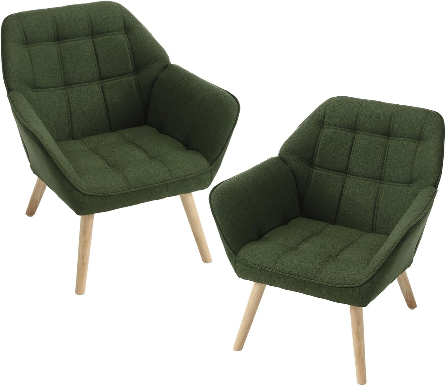 chairus Set of 2 Upholstered Tub Chairs Linen Single Sofa Accent Chair for Living Room Modern Recliner Cocktail Chair with Wooden Legs (Green-2)