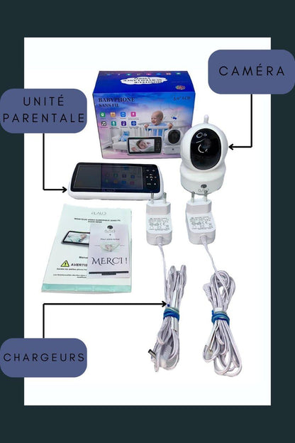 FLAUD Babyfoon Video, Monitor Baby en Dieren Scherm 5,0 inch LCD Bereik 300 m Panoramische Camera 355°/120°, Nachtzicht, Tweerichtingscommunicatie, Temperatuursensor, Slaapliedjes VOX