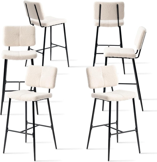 MEUBLE COSY Set van 6 barkrukken, hoge kruk met rugleuning en voetensteun, gevoerde keukenstoel met bouclé-stof, voor toonbank, eetkamer en huis, beige