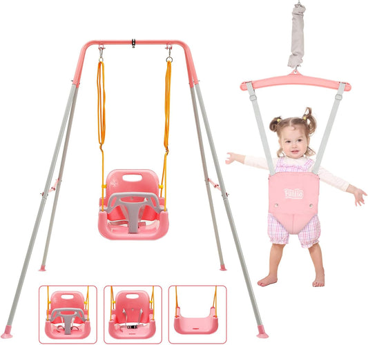 FUNLIO 2-in-1 schommelset en babydeurhopper voor peuters, schommelset voor kinderen met 4 zandzakken, opvouwbare metalen standaard voor binnen en buiten, eenvoudig te monteren en op te bergen, roze