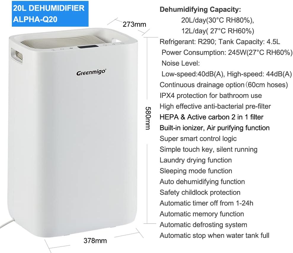 Luchtontvochtiger 20L in 24u,Kamerontvochtiger Luchtontvochtiger met HEPA & Actieve Kool 2in1 Voorfilter,Digitaal Display,Afvoerslang,was Drogen,Timer,Tegen Vocht,Schimmel(ALPHA-Q20)