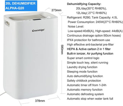 Luchtontvochtiger 20L in 24u,Kamerontvochtiger Luchtontvochtiger met HEPA & Actieve Kool 2in1 Voorfilter,Digitaal Display,Afvoerslang,was Drogen,Timer,Tegen Vocht,Schimmel(ALPHA-Q20)