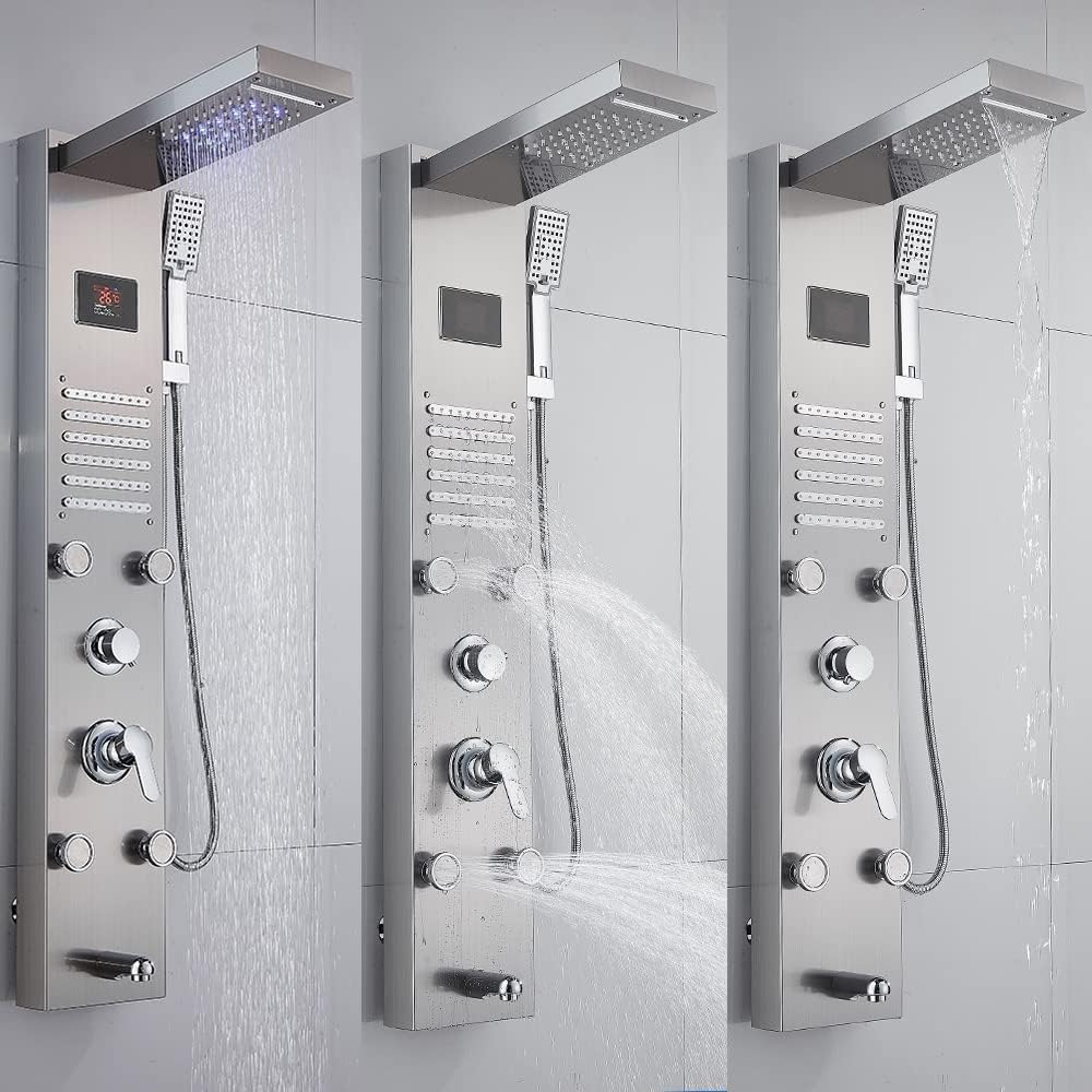 Douchepaneel – Douchekolom – Regendouche – Massage Douche – Handdouche – Roestvrijstaal Geborsteld – 8 Functies Inclusief Massage Nozzles – LED Verlichting & Temperatuurdisplay