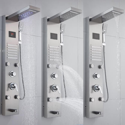Douchepaneel – Douchekolom – Regendouche – Massage Douche – Handdouche – Roestvrijstaal Geborsteld – 8 Functies Inclusief Massage Nozzles – LED Verlichting & Temperatuurdisplay
