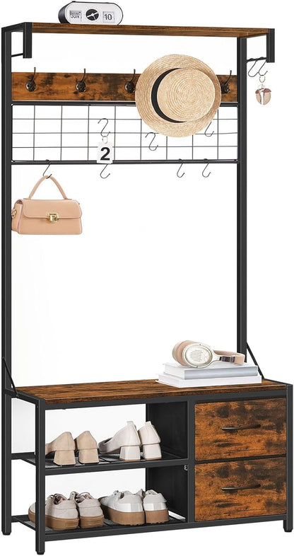 HOOBRO Kapstok met schoenenopbergbank, kapstok met haken en 2 laden, 4-in-1 ontwerp, kapstok en schoenenrek, voor hal, entree, woonkamer, slaapkamer, rustiek bruin en zwart EBF08MT01