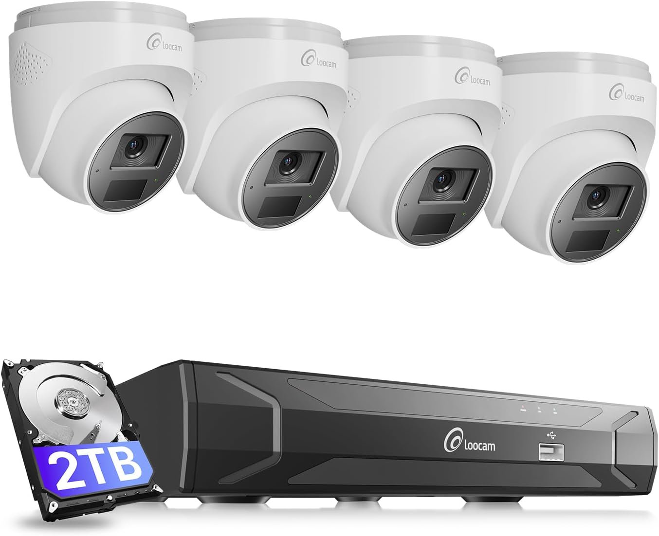 Loocam CCTV Camera Systeem PoE 4K 8MP, 8-Kanaals NVR H.265+ met 2TB HDD + 4x PoE Beveiligingscamera’s 8MP, Slimme AI Detectie Persoon/Voertuig, Nachtzicht, Tweerichtingsaudio