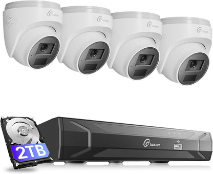 Loocam CCTV Camera Systeem PoE 4K 8MP, 8-Kanaals NVR H.265+ met 2TB HDD + 4x PoE Beveiligingscamera’s 8MP, Slimme AI Detectie Persoon/Voertuig, Nachtzicht, Tweerichtingsaudio