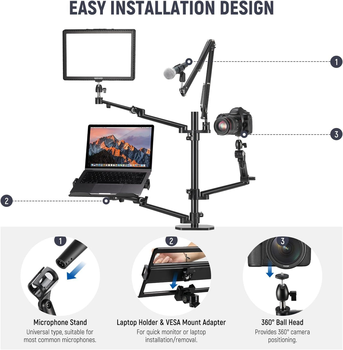 NEEWER Overhead Camera Stand Bureau Mount Rig met 4 Boom Arms voor Fotografie Video Licht Ring Licht Mount Webcam Mic Compact DSLR voor Live Streaming Uitzending Online Onderwijs Vergadering, DS007