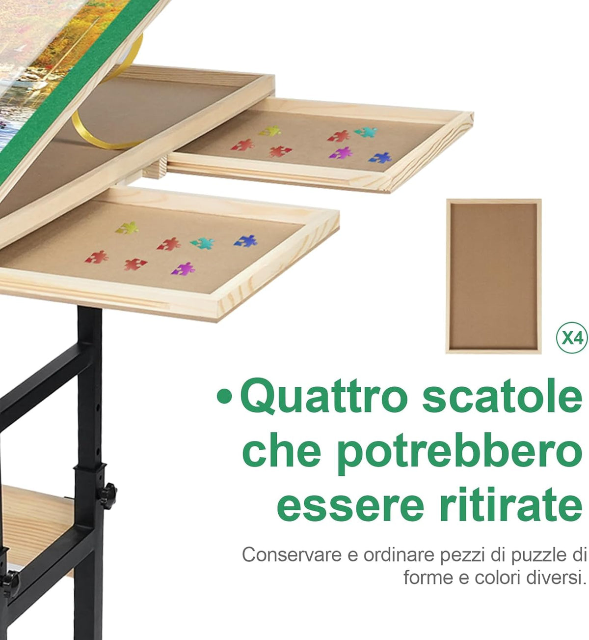 Wooden puzzle table with legs for 1500 pieces, 89 x 69 cm, height adjustable, 45 degree inclination, 4 drawers with lid, ideal gift for adults - QUORE