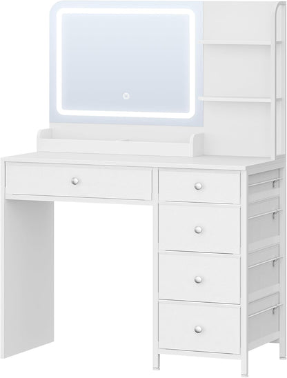 Hzuaneri Dressing Table with LED Lighting, Dressing Table A Large HD Mirror, 5 Drawers and 2 Storage Shelves, Ideal For A Bedroom Or Dressing Room, Modern White DT43903XEU