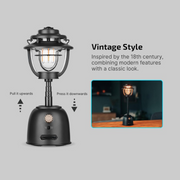 Campinglamp - Kampeerlamp - Dimbare Retro Campinglantaarn - Verstelbaar - Draagbare - met Dubbele Lichtbron - Noodstroombank - USB Oplaadbaar - voor Buiten - Camping - Noodsituatie - IPX5 Waterdicht - 500Lm - 16000 mAh - 12.3 x 22.5 x 12.3 cm - Zwart