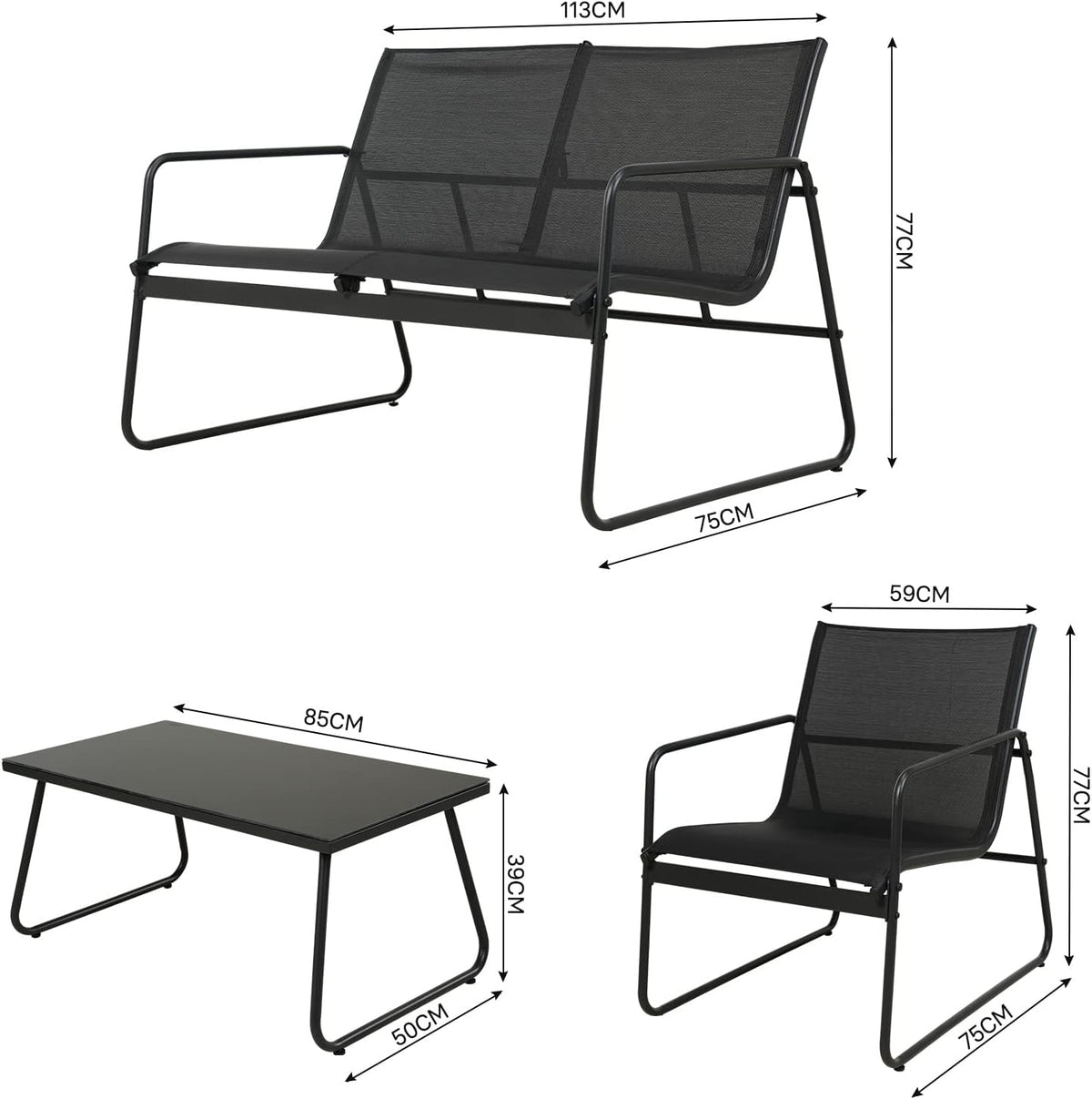 Grand patio Conversatiesets, 4-delig, tuintafel en stoelen, mesh sling Farbic, waterdicht, ademend, tuinmeubelsets voor buiten, achtertuin, zwembad (zwart)