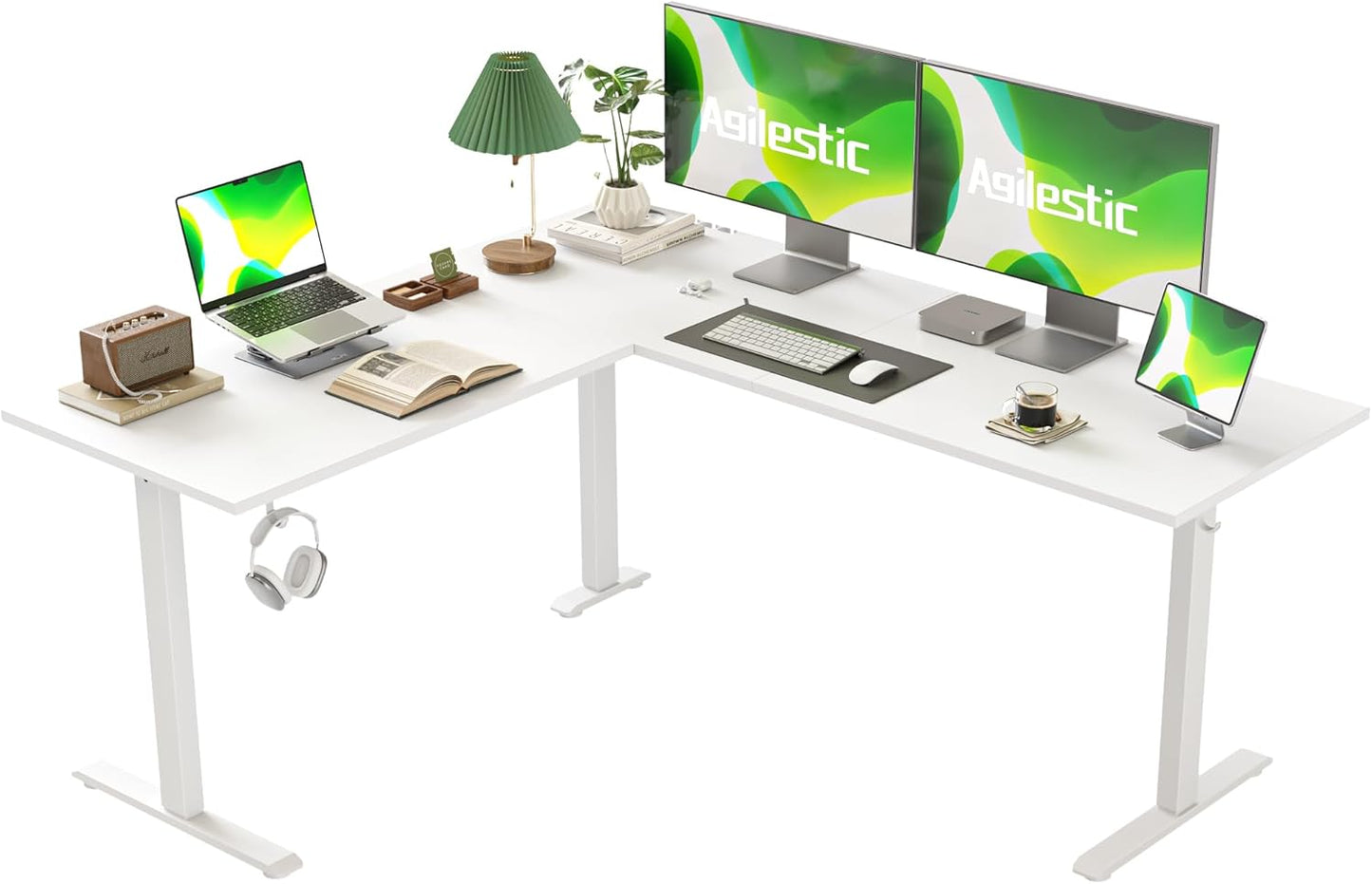 Agilestic L-vormig in hoogte verstelbaar bureau, 160 x 140 cm, bureau in hoogte verstelbaar elektrisch, hoekbureau ergonomisch zit-sta tafel computerbureau, wit