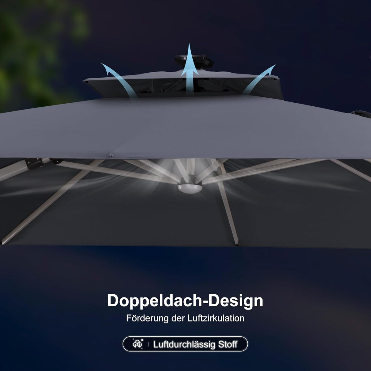 Purple Leaf Parasol 300 cm met led-verlichting op zonne-energie, 270 x 270 cm, zonnescherm, marktparasol, tuinparasol met zwengel, terrasparasol met zwengel, 360° rotatie, zonwering UV50+, grijs