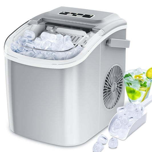 Kleine ijsblokjesmaker, draagbare ijsblokjesmachine met handvat, 9 ijsblokjes in 6 minuten, zelfreinigende draagbare ijsmachines voor thuis, grijs