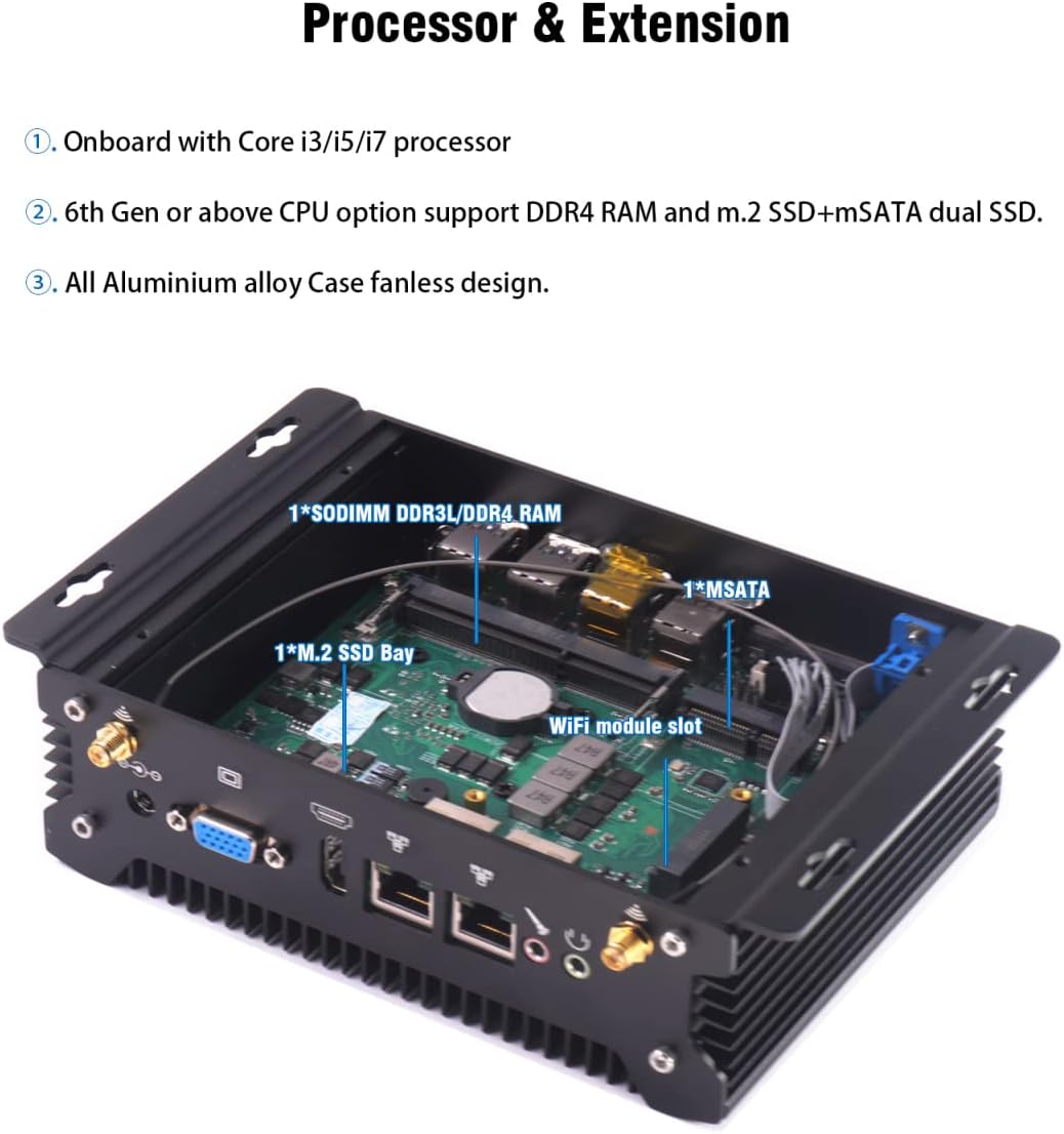 Industrieel mini-pc-apparaat, RJ45 Gigabit LAN-poort, Core i7 4578U, 8 GB DDR4 RAM 256 GB SSD, HD-MI, VGA, RS232 COM, USB 3.0, wifi, SIM-kaartsleuf, Win10/7/Linux, Wake-on-LAN, Micro Computer