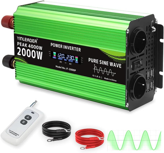 Yinleader Inverter, 2000 W/4000 W, pure sine wave, 12 V, 230 V, with 2 Euro sockets and 4 USB voltage indications - QUORE