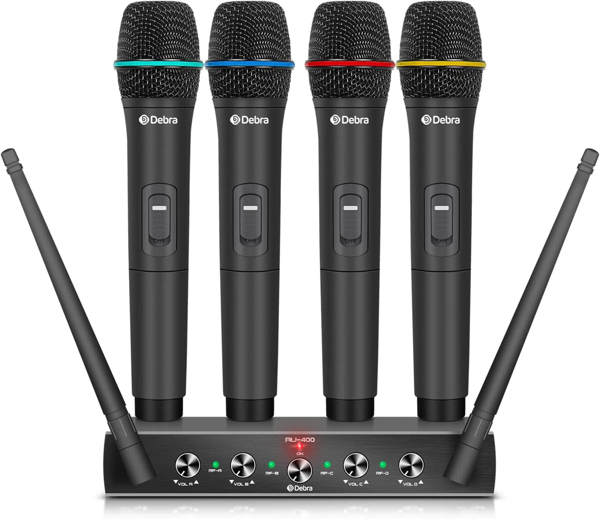 Debra Audio Pro UHF Draadloos 4-Kanaals Microfoonset met Handheld Mics, Metalen Ontvanger voor Karaoke en Kerk (B-frequentie)