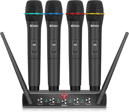 Debra Audio Pro UHF Draadloos 4-Kanaals Microfoonset met Handheld Mics, Metalen Ontvanger voor Karaoke en Kerk (B-frequentie)