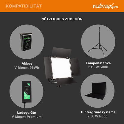 Walimex pro Rainbow 50W LED RGB vlaklamp set van 2 met statief - set van 2 x studiolamp videolamp + 2 x statief, lamp 360 kleuren, 50W 3200-999K CRI 95, V-Mount accu, dimbaar, app of DMX