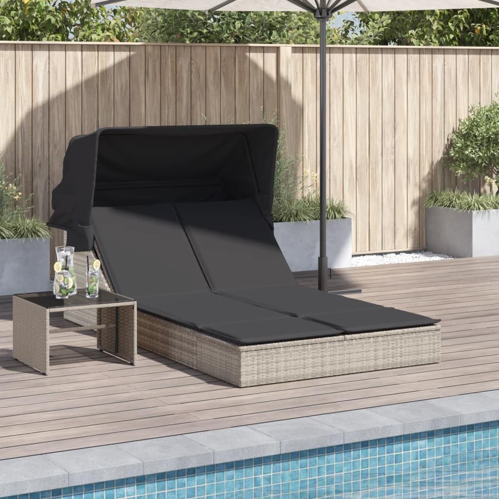 Outdoor Lounger with Retractable Hood and Washable Padded Cushions, Adjustable Backrest, 2 Positions, Durable PE Rattan, Garden Patio - QUORE