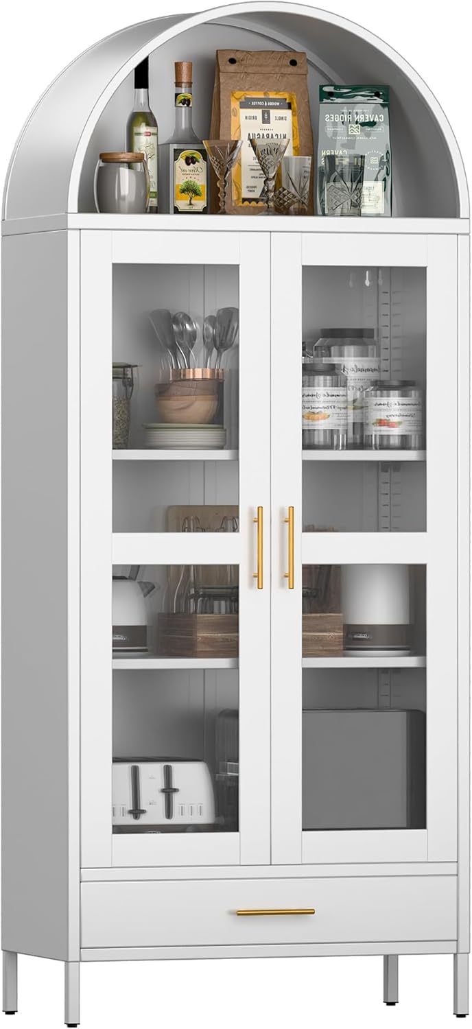 SUPEER 185 cm metalen gebogen opbergvitrine in wit met lade, gewelfde kasten met glazen deuren en planken voor woonkamer, keukens en slaapkamers, montage vereist