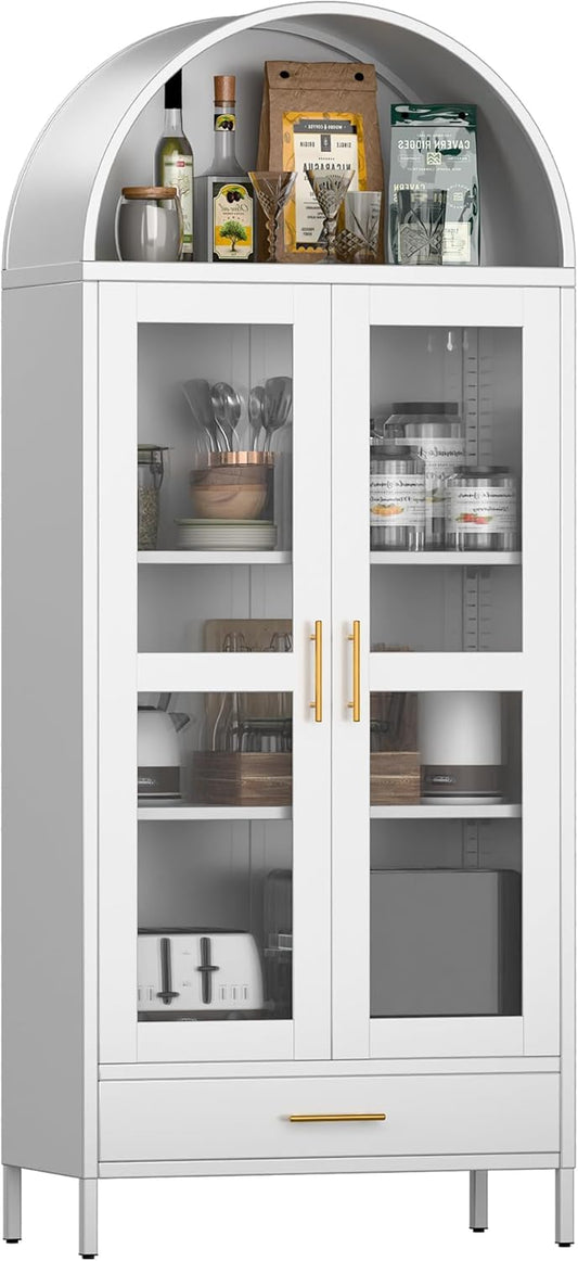 SUPEER 185 cm metalen gebogen opbergvitrine in wit met lade, gewelfde kasten met glazen deuren en planken voor woonkamer, keukens en slaapkamers, montage vereist