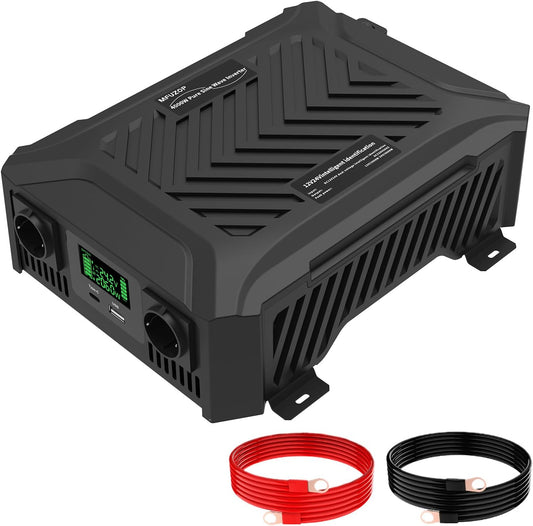 omvormer 12V 24V naar 220 V zuivere sinus 1200W/2300 W Spanningsomvormer met intelligent detectiesysteem, met 2 AC-stopcontacten, 1 type C-aansluiting, 1 USB-poort 5 V 2,1 A & LCD-display