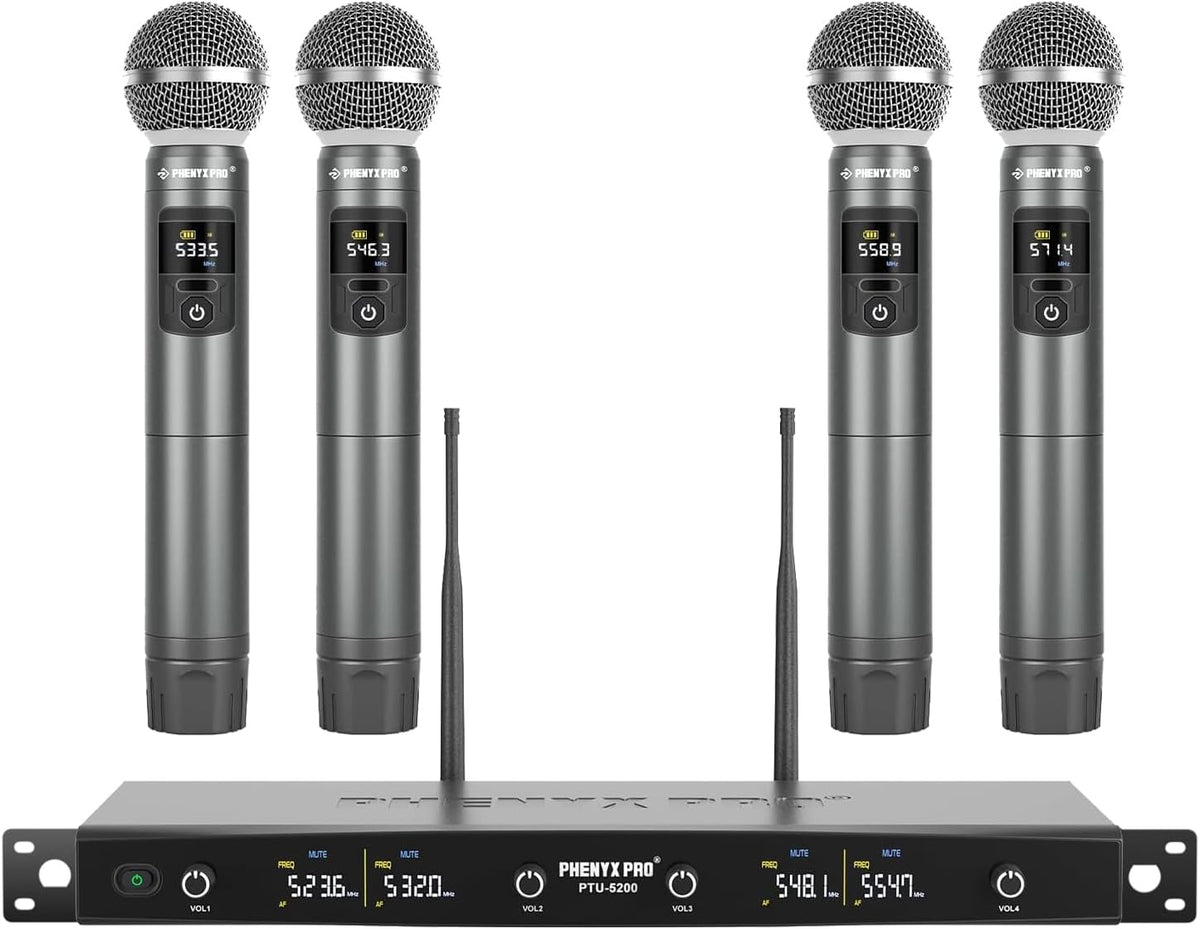 Draadloos microfoonsysteem – Draadloze microfoonset – Karaoke microfoonsysteem – UHF microfoonset – Handheld microfoonset met 4 microfoons – 25 Instelbare UHF Frequenties – Bereik Tot 60 Meter