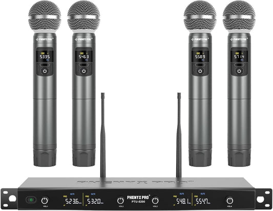 Draadloos microfoonsysteem – Draadloze microfoonset – Karaoke microfoonsysteem – UHF microfoonset – Handheld microfoonset met 4 microfoons – 25 Instelbare UHF Frequenties – Bereik Tot 60 Meter