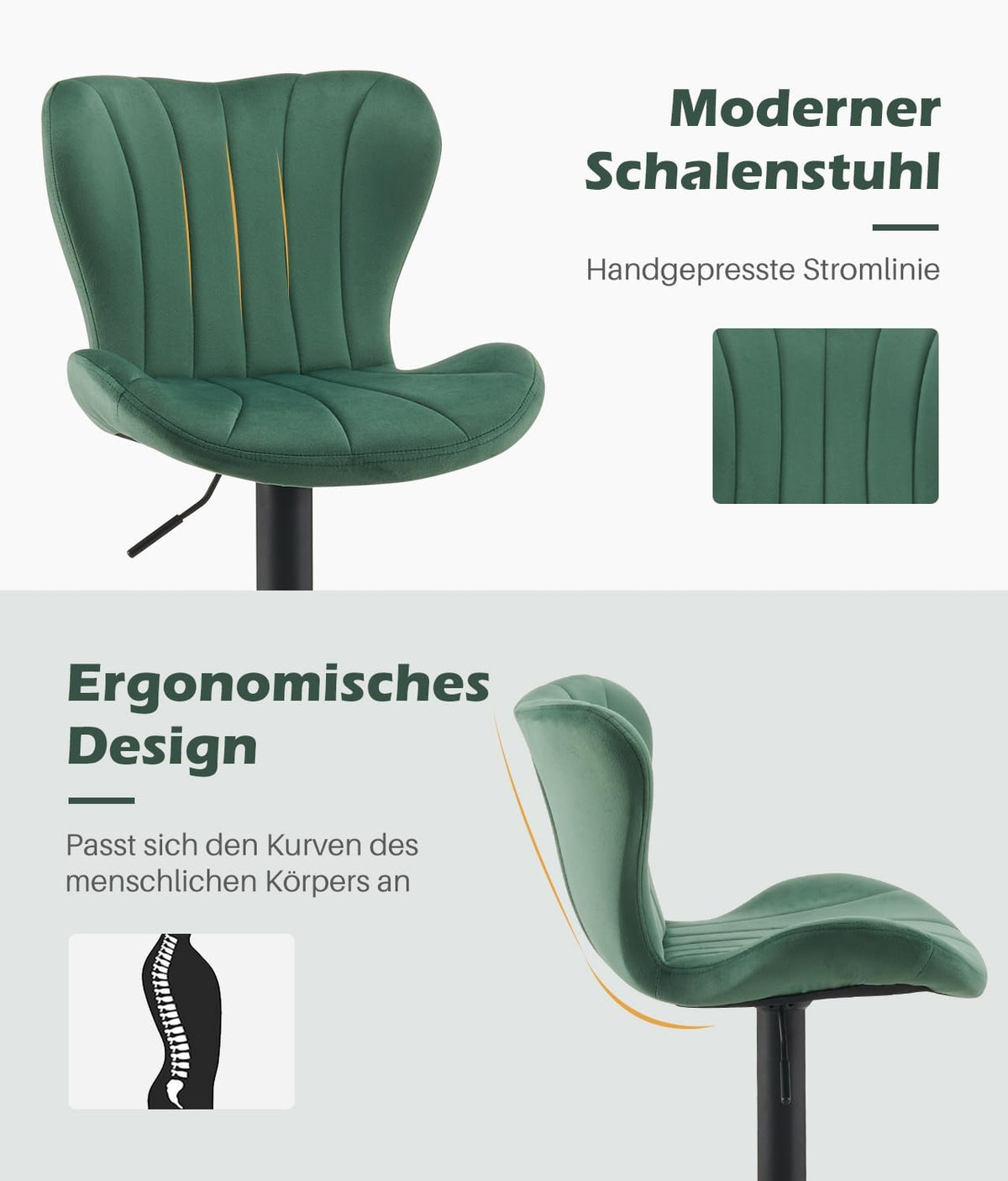 TUKAILAI Barkruk, set van 2, fluweel, barstoel, in hoogte verstelbaar, 360 graden draaibaar, kruk met rugleuning, voetensteun, metalen frame, moderne schaalvorm, keukenkruk, barkruk voor keukenbars