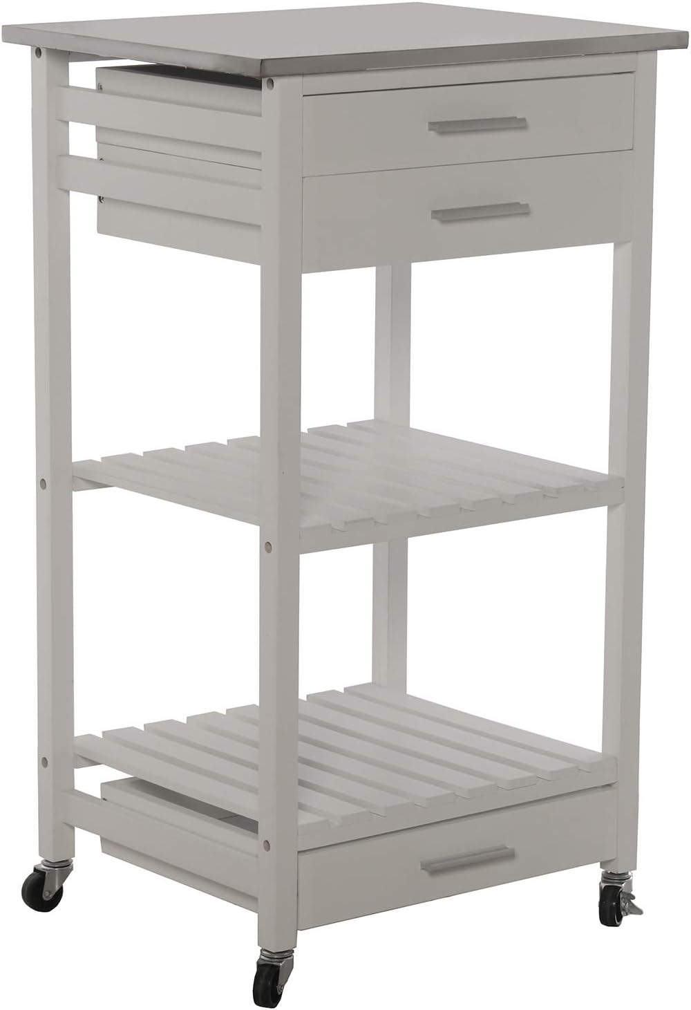 DRW keukentrolley met 3 laden en houten plank: grenen en MDF met deksel van roestvrij staal in wit 50 x 40 x 86 cm