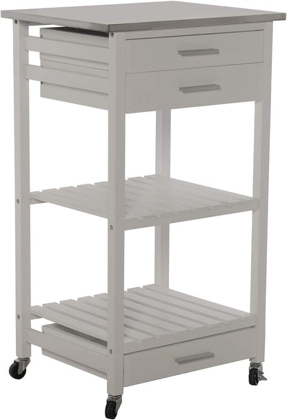 DRW keukentrolley met 3 laden en houten plank: grenen en MDF met deksel van roestvrij staal in wit 50 x 40 x 86 cm