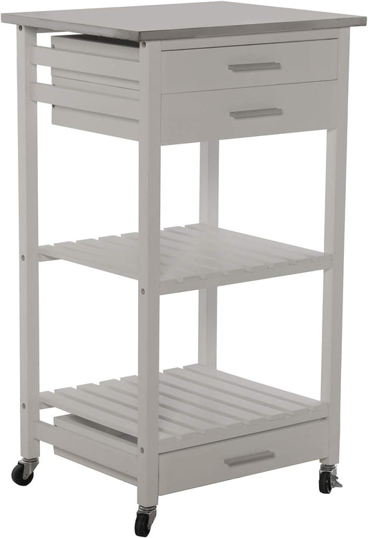DRW keukentrolley met 3 laden en houten plank: grenen en MDF met deksel van roestvrij staal in wit 50 x 40 x 86 cm
