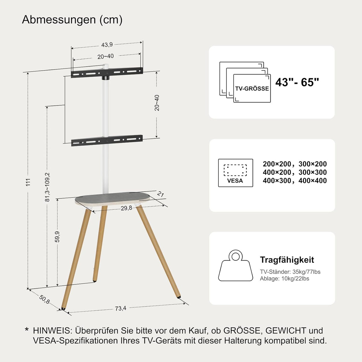 Driepotige tv-standaard voor 40 tot 65 inch lcd-led-oled-beeldscherm, in hoogte verstelbaar en draaibare vloer-tv-standaard, hoek-tv-standaard met houten blad, VESA 400 x 400 mm, wit