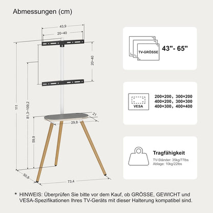 Driepotige tv-standaard voor 40 tot 65 inch lcd-led-oled-beeldscherm, in hoogte verstelbaar en draaibare vloer-tv-standaard, hoek-tv-standaard met houten blad, VESA 400 x 400 mm, wit