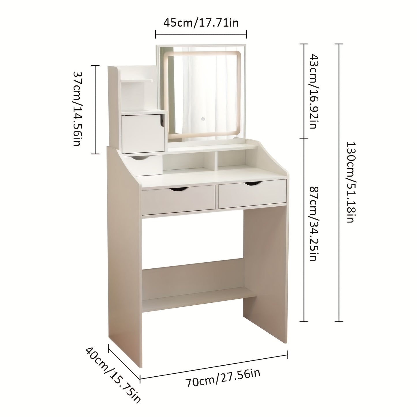 Make-up Tafel – Schminktafel – Kaptafel – Dressingspiegel – Vanity Desk – Wit MDF – 2 Lades en Open Planken – Compact en Stevig Design