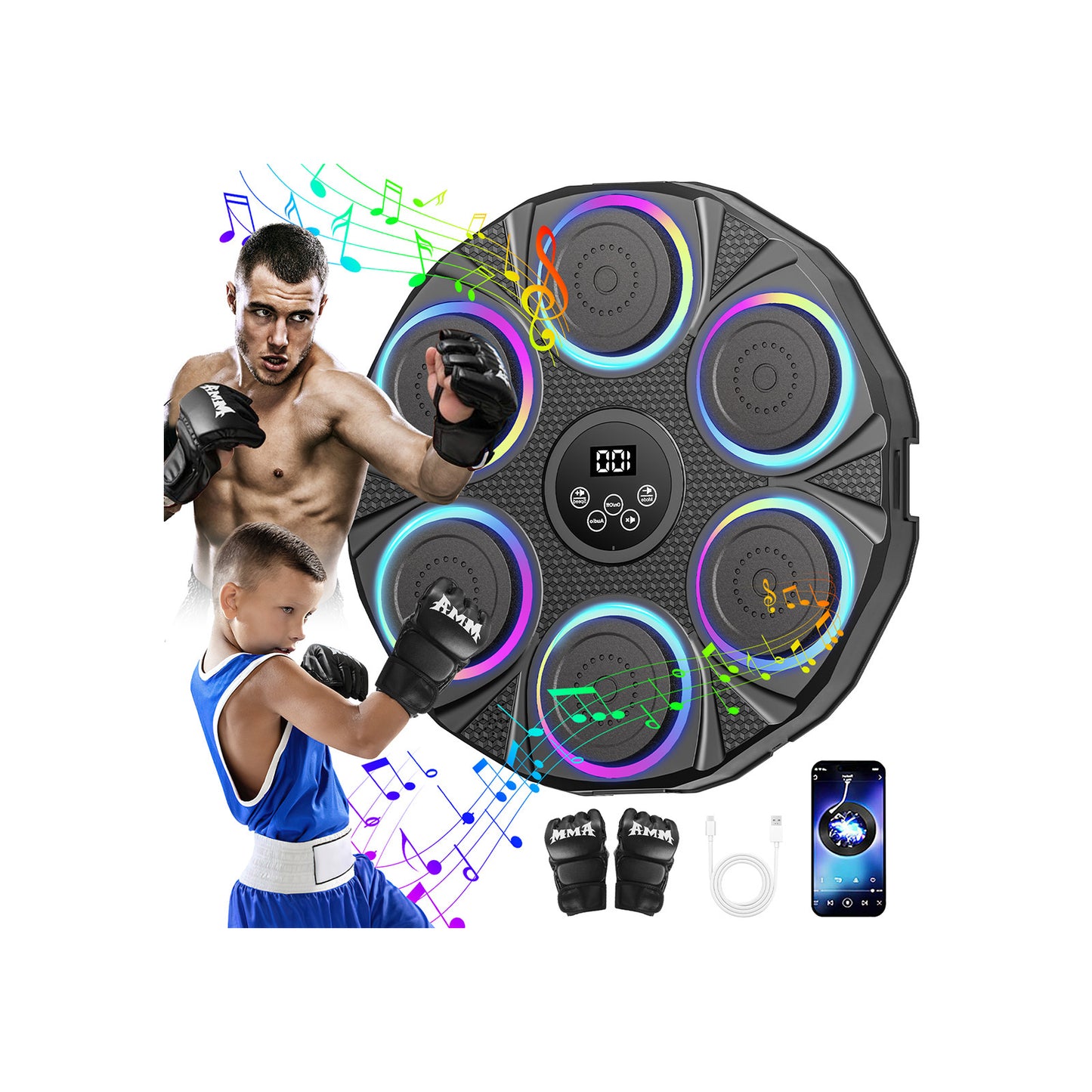 Bluetooth Bokstrainer – Boksmachine – Fitnessapparaat – Trainingsapparaat – Boksbal – Met 2 Paar Handschoenen – 12 Snelheids- & Volumestanden – LED-Teller & 2400mAh Batterij