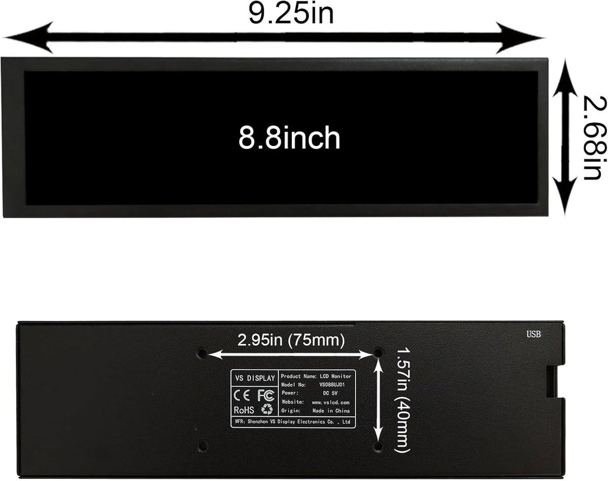 VSDISPLAY Zwart 8.8 inch 1920x480 600 nit IPS Lange Strip LCD-monitor, USB-videopoort, voor DIY Subscherm/PC Case Display