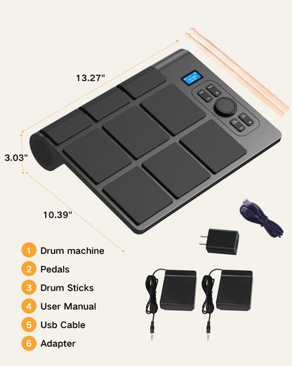 Draagbaar elektrisch drumstel met 9 pads met LCD-scherm, dubbele stereoluidsprekers en pedalen - digitale drumset voor beginners/professionals, compatibel met pc/Mac, thuistraining en live