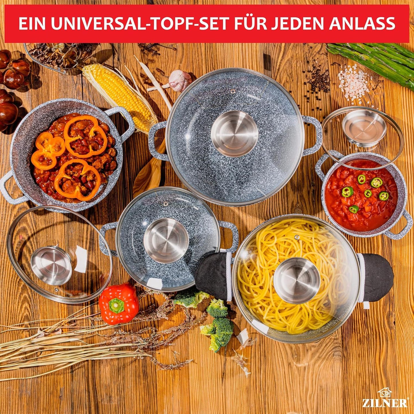 Kookset – Pannenset – Kookpot – Kookpan – Pannen met Deksel – Inductie Geschikt – Anti-aanbaklaag – Snelle Warmteverdeling – Grijs – 10-delig